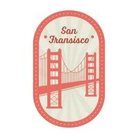 Flat Golden Gate With Rays On Oval Background For San Francisco Stamp Or Label Design In Orange And Grey Color. vector