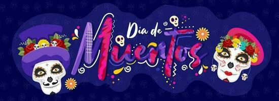 Creative text of Dia De Muertos with sugar skulls on blue skull pattern background for Day of the dead. Header or banner design. vector