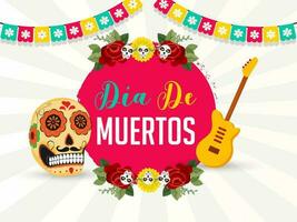 Dia De Muertos banner or poster design with ornate skull or calaveras, guitar and bunting flags decorated on white rays background. vector