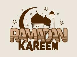 Ramadán kareem texto con marrón creciente luna, estrellas y mezquita en blanco antecedentes. vector