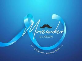 Movember Season banner or poster design with Aids ribbon and mustache on blue background for Men's health concept. vector