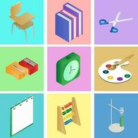 Set of 3d school elements on different color background. vector