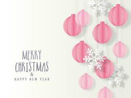 Paper cut baubles hang and snowflake decorated on white background for Merry Christmas and Happy New Year celebration. vector