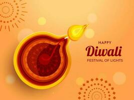 Top view of illuminated oil lamp on orange bokeh mandala background for Happy Diwali, Festival Of Lights celebration. vector