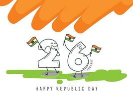 Funny cartoon number 26 holding Indian flag with saffron and green color splash on white background for Happy Republic Day poster design. vector