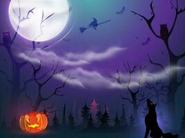 Full moon forest view background with spooky jack-o-lantern, witch flying broom, owls, bats and yelling wolf for Halloween Night. vector