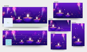 Social Media header, poster or template set with illuminated oil lamps and paper lanterns on purple bokeh background. vector