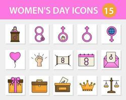 conjunto de De las mujeres día celebracion 15 icono o símbolos en cuadrado antecedentes. vector