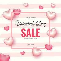 Valentine's Day Sale Poster Design Decorated with Glossy Pink Hearts on Strip Background for Advertising Concept. vector