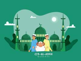 eid-ul-adha Mubarak concepto con musulmán joven Niños, dibujos animados oveja y mezquita en noche ver verde antecedentes. vector