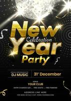 New Year Party Celebration Invitation, Flyer Design with Disco Ball and Lighting Effect on Black Background. vector