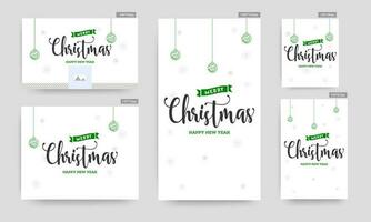 Merry Christmas and Happy New Year poster and template or greeting card design with hanging lanterns and snowflake decorated on white background. vector