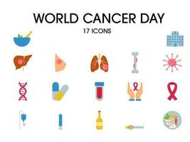 17 mundo cáncer día icono o símbolo conjunto en plano estilo. vector