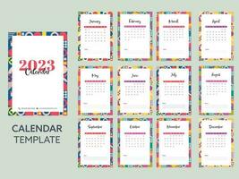 12 Month, 2023 Calendar Template Design In Bauhaus Pattern Border Against Gray Background. vector