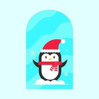 linda pingüino vistiendo Papa Noel sombrero con bufanda a ventana y nevada azul antecedentes. vector