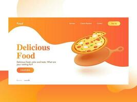 Responsive landing page design with pizza on frying pan for Delicious Food. vector