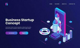 Purple website poster or landing page design with 3d illustration of smartphone, rocket and infographic graph for Business Startup Concept. vector