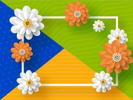 Saffron and White Paper Cut Flowers Decorated Rectangle Frame on Colorful Abstract Pattern Background. vector