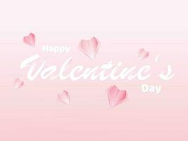 Happy Valentine's Day Text in White Paper Cut Style Decorated with Origami Hearts on Pink Background. vector