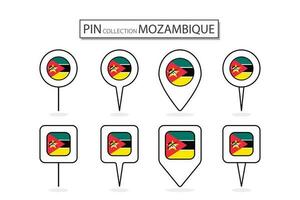 conjunto de plano alfiler Mozambique bandera icono en diverso formas plano alfiler icono ilustración diseño. vector