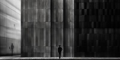 . . Monochrome black and white city urban photo realistic illustration with lonely person. Noir drama lonely vibe. Graphic Art