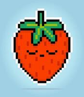 8 bit pixel strawberry characters. Pixel fruit for game assets and cross stitches patterns in vector illustrations.