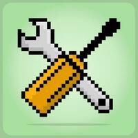 Pixel 8 bit setting symbol icon. screwdriver and wrench pixels in vector illustrations.