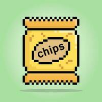 8 -bit pixel snacks. Packaging foods, chips potato for game assets in vector illustrations.