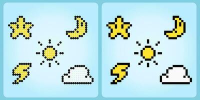 8 bits píxel, ui naturaleza símbolo icono. estrella, luna, sol, destello y nube icono en vector ilustraciones