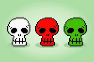 8 bit pixel skull, for game assets and cross stitch patterns, in vector illustrations