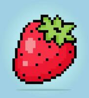 8 bit pixel of Strawberry. Fruits pixel for game assets and cross stitch patterns in vector illustrations.