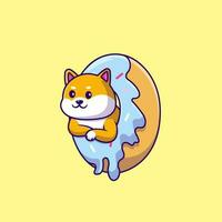 Cute Shiba Inu Dog In Doughnut Cartoon Vector Icons Illustration. Flat Cartoon Concept. Suitable for any creative project.