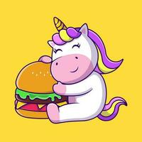 linda unicornio con hamburguesa dibujos animados vector íconos ilustración. plano dibujos animados concepto. adecuado para ninguna creativo proyecto.