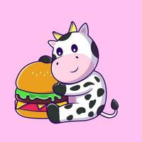 Cute Cow With Burger Cartoon Vector Icons Illustration. Flat Cartoon Concept. Suitable for any creative project.