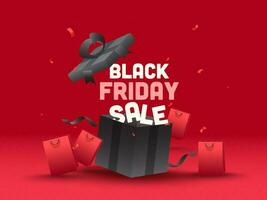 Black Friday Sale Text with Open Realistic Gift Box and Shopping Bags on Red Background for Advertising. vector