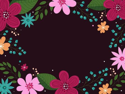 Burgundy Brown Background Decorated with Colorful Flowers, Buds and Leaves.