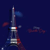 France Flag Color Eiffel Tower Monument with Fireworks on Purple Background for Happy Bastille Day Celebration Concept. vector