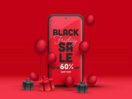 Black Friday Sale App in Smartphone with Discount Offer, Realistic Gift Boxes and Balloons on Red Background. vector