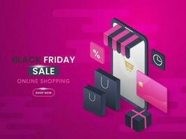 Online Shopping from 3d Smartphone with Carry Bags, Gift Box and Payment Card on Dark Pink Background for Black Friday Sale. vector