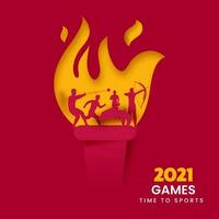 Sports Background With Paper Cut Flaming Torch And Silhouette Different Athletics. vector