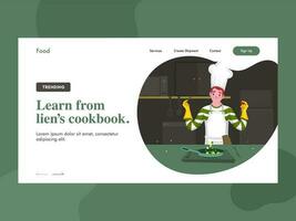 Learn from lien's cookbook landing page design with chef character cooking in kitchen. vector