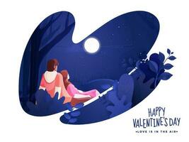 Paper Cut Nature Night Scene Background with Loving Couple Character and Given Message Love Is In The Air for Happy Valentine's Day Celebration. vector