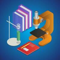 3D illustration of lab stand clamp with books, microscope and notebook on blue background. vector