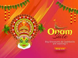 contento onam rebaja póster o bandera diseño con grande descuento y devolución de dinero oferta y ilustración de Kathakali bailarín cara en resumen antecedentes decorado con floral guirnalda. vector