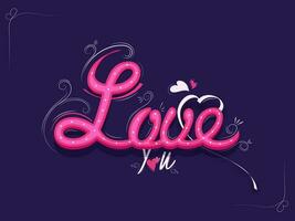 Love You Font with Hearts and Swirl Design on Purple Background. vector