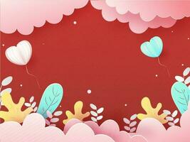 Paper Cut Style Cloudy Red Background with Heart Shaped Balloons and Autumn Leaves. vector