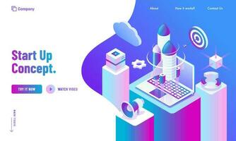 Advertising website poster or landing page design, 3d illustration of rocket with laptop, cloud and infographics charts on business workspace for Start Up concept. vector