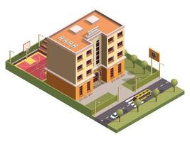 Isometric school skyscraper building and basketball ground along vehicle street background. vector