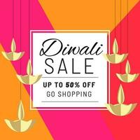 Diwali Sale poster or template design with discount offer and paper cut hanging oil lamp decorated on colorful background. vector