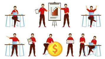 Set of Businessman character working in different work pose. vector